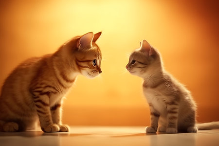 Two kittens on a yellow background, Studio shot, close-up ai generatedの素材