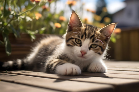 Cute kitten lying on the table in the garden and looking up ai generatedの素材