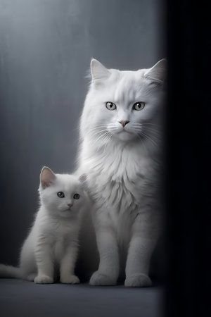 Two white kittens of siberian breed sitting next to each other on a dark background ai generatedの素材