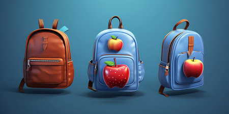 Back to school concept with backpack and apple on blue background ai generatedの素材
