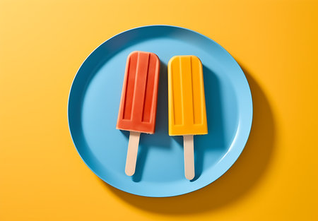 Colorful popsicles on blue plate over yellow background,  ai generatedの素材