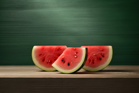 Sliced watermelon on wooden table and green chalkboard background ai generatedの素材