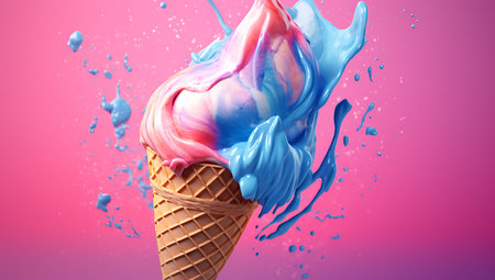 Ice cream in waffle cone with pink and blue splashes,  ai generatedの素材