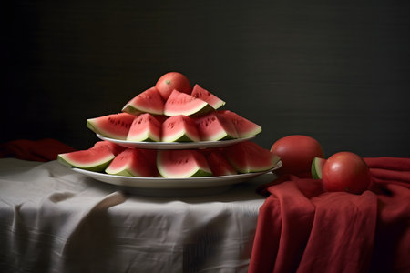 Watermelon on a white plate on a table with a red cloth ai generatedの素材
