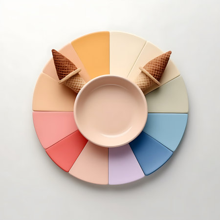 Empty plate with ice cream cones on color palette,  ai generatedの素材