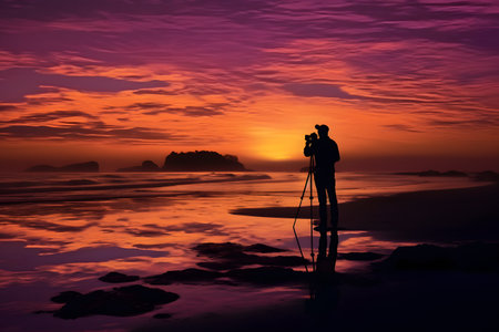 Photographer with camera on the beach at sunset ai generatedの素材