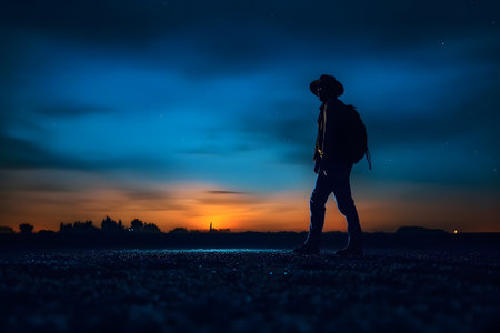 Silhouette of a man with a backpack standing on the road at sunset ai generatedの素材