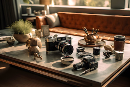 Vintage camera and accessories on a table in the living room ai generatedの素材