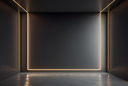 Empty black room with glowing neon lights, 3d rendering mock up, ai generatedの素材