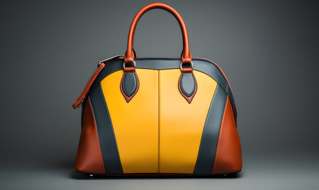 Orange leather bag on a grey background, ai generatedの素材