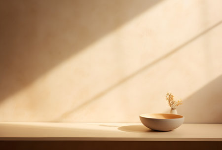 Minimalist interior design with ceramic vase on beige wallの素材