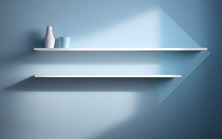 White shelf with vase and vase on blue wallの素材