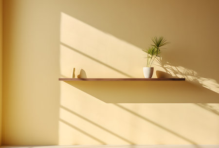 Shelves with plants on color wall, closeup of photoの素材