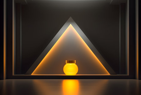 3D rendering of a black background with a golden lamp in the centerの素材