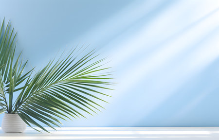 3D render of a blue wall with a palm leaf in a vaseの素材