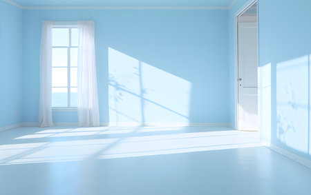 Empty room with blue walls, white floor and windowの素材