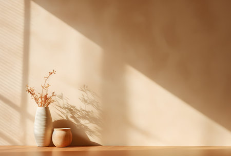 Vase with dry flowers on wooden table near wall with sunlight, Mock up, 3D Renderingの素材