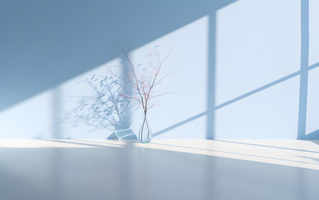 3d render of a room with a large window and a treeの素材