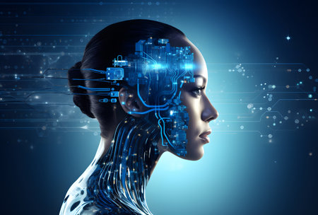 Conceptual image of digital cyborg head with circuit on blue backgroundの素材