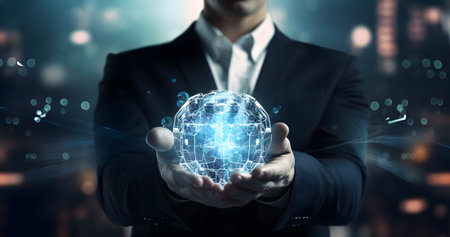 Businessman on blurred background using globe network hologramの素材