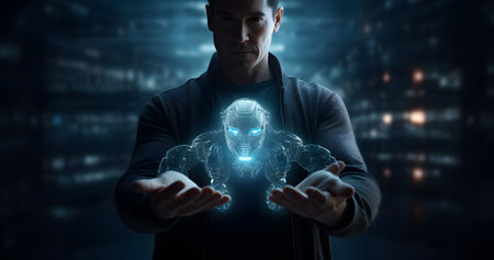 Cyborg man holding digital robot hologram on dark backgroundの素材