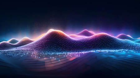 3d rendering of abstract digital landscape with flowing particles, Futuristic technology backgroundの素材