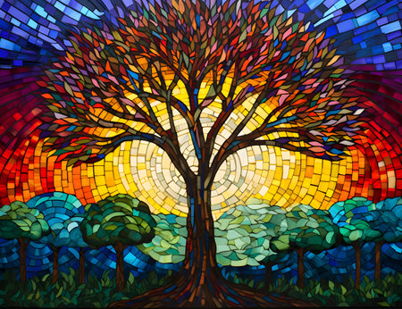 Abstract colorful stained-glass tree on the background of the forest.の素材
