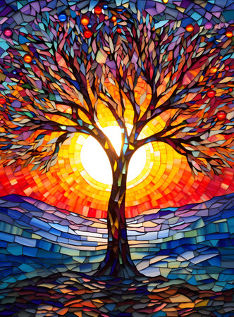 Abstract illustration in stained glass style with a tree on a background of the sunの素材