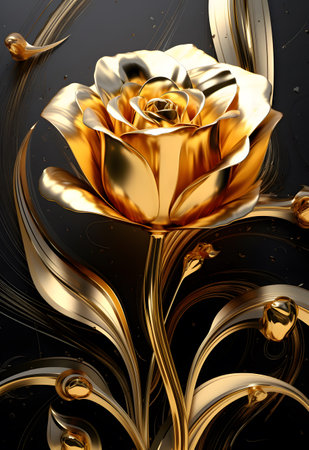 3D illustration of a rose on a black background with gold elementsの素材