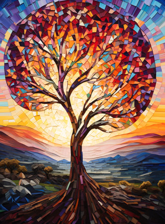 Colorful abstract painting with a tree in the shape of a sunの素材