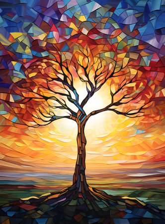 Abstract colorful tree on the sunset backgroundの素材