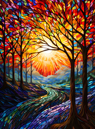 Colorful stained glass landscape with river, trees and sunの素材