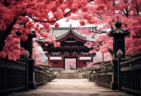 Beautiful red cherry blossom in chinese temple, asiaの素材