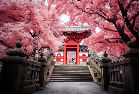Red pagoda with cherry blossom tree in the park, Japanの素材
