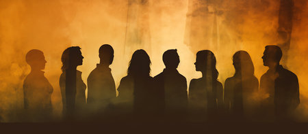 Silhouette of a group of people standing in front of a burning wallの素材