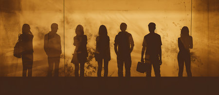 Silhouette of a group of people in front of a wallの素材