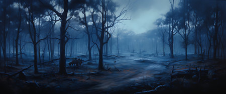 Mysterious dark forest in the fogの素材