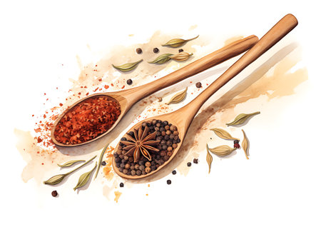 Spices in wooden spoons, Spices and herbsの素材