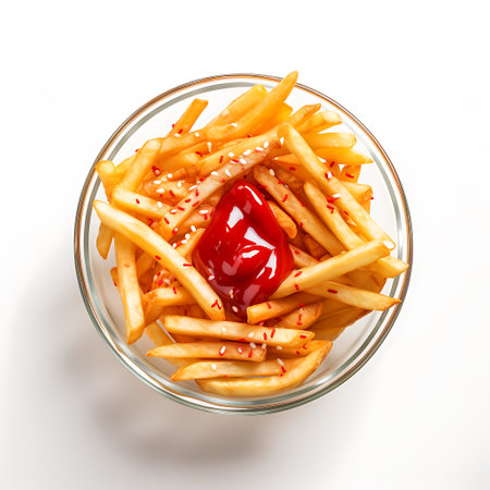 French fries with ketchup in glass bowl isolated on white backgroundの素材