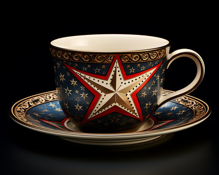 Cup and saucer with stars on a black backgroundの素材