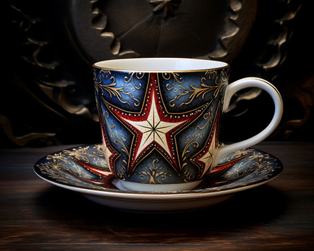 Cup of coffee with star pattern on wooden tableの素材