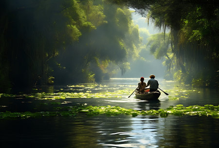 Fishermen in a boat on the river in the morningの素材