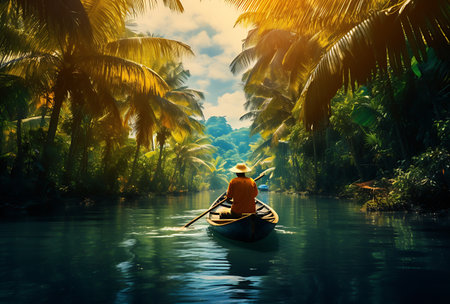 Man rowing a boat on the river with palm trees at sunsetの素材