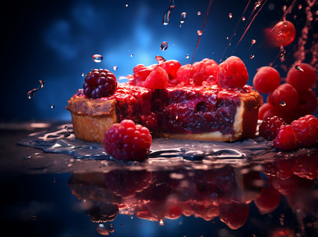 Cheesecake with fresh raspberries and blueberries on dark backgroundの素材