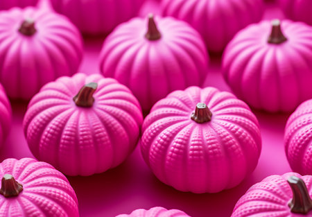 pink decorative pumpkins on a pink background, close-upの素材