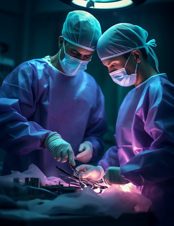 two veterinarian surgeons in operating room take with art lighting and blue filterの素材