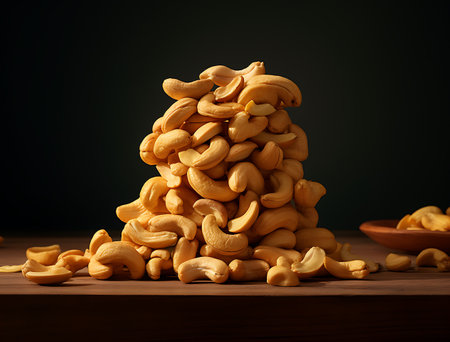 Cashew nuts in a pile on a wooden table, black backgroundの素材