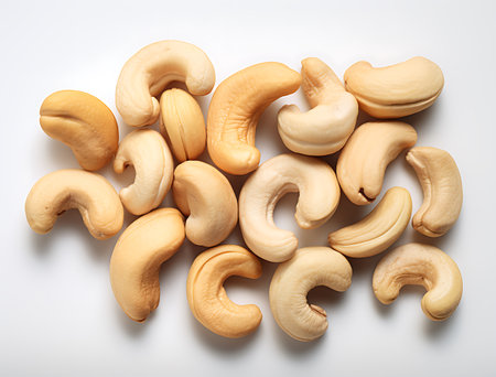 Cashew nuts isolated on white background. Top view. Healthy food concept.の素材
