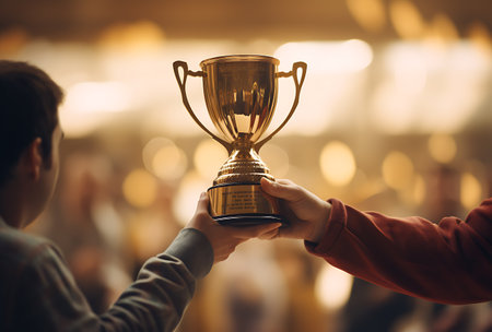 Couple holding a trophy cup in the shopping mall, close upの素材