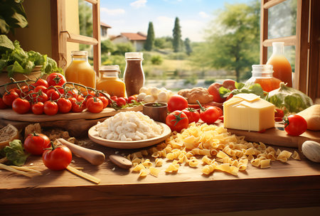 Pasta ingredients on wooden table in front of window with countryside viewの素材
